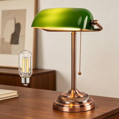Lampe de bureau Banker, abat-jour en verre vert, lampe de bureau vintage avec interrupteur à chaîne, lampes de table rétro pour bureau à domicile, bibliothèque, piano (1/5)