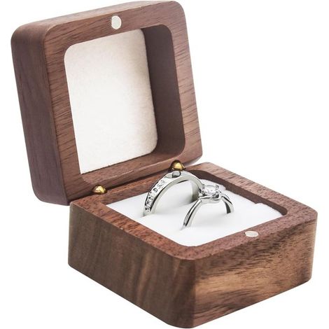 Conception à double fente - Boîte à anneaux en bois - Boîte à anneaux carrée compacte en bois massif - Style vintage - Peut également être utilisée (1/5)