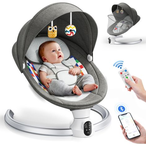 Berceau électrique bébé avec app et télécommande, adapté aux nouveau-nés jusqu'à 9 kg. Harnais 5 points amélioré, 3 minuteries, 5 vitesses de balancement, 10 mélodies (0-9 mois).