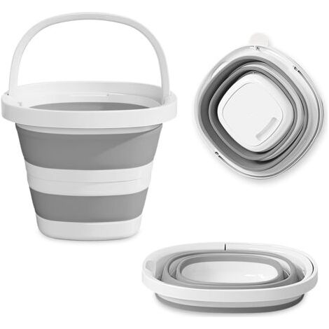 (Blanc Gris) Seau Pliable, 10 litres Grande capacité Seau Plastique avec poignée, Solide et Durable, Peu encombrant, Facile à Transporter, Convient pour Nettoyage, Camping, pêche, Voyages. (1/5)