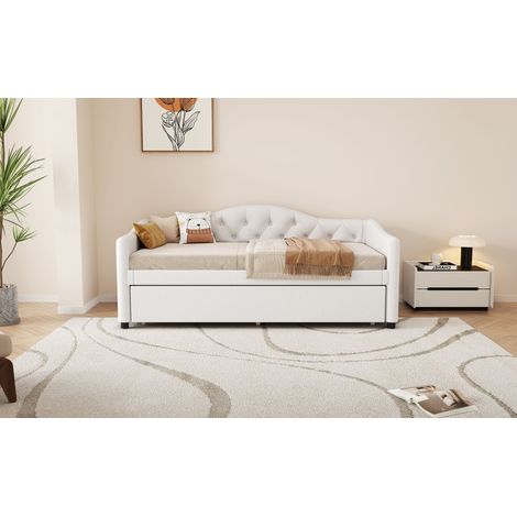 Lit de jour Daybettt 90x200 cm, canapé-lit convertible, sommier à tiroir, sans matelas, lin beige, style minimaliste, couchage simple. (1/5)
