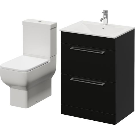Napoli 460 Matt Black 600mm 2 Drawer Vanity Unit and Tacoma Comfort Height Toilet Suite with Angel Basin - 600mm - Chrome 320mm Handle