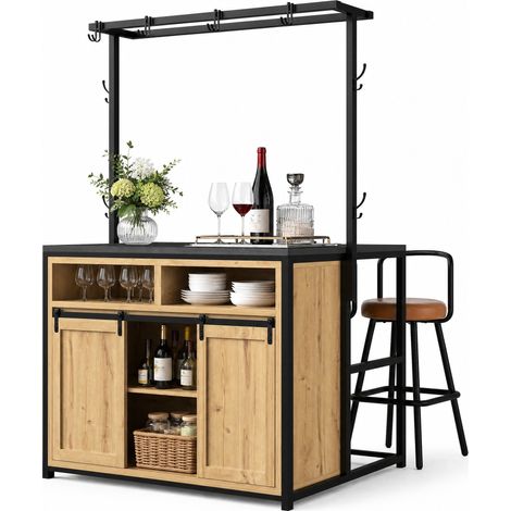 Îlot de cuisine avec 2 tabourets, meuble bar avec prises électriques, rangements ouverts, portes coulissantes et étagère suspendue, bois clair  CHICFURN (1/5)