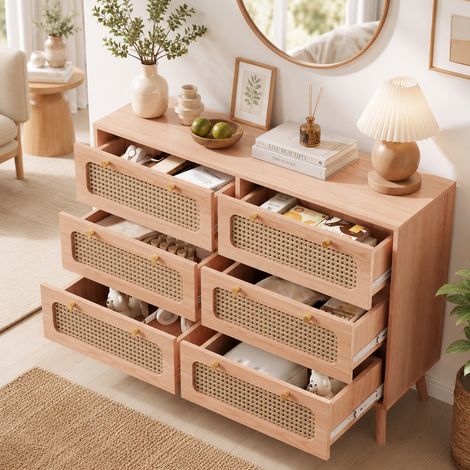 Commode à 6 tiroirs 100×34×73cm, armoire de rangement en rotin, grande capacité, meuble de rangement, boutons en métal, anti-basculement, style moderne, pour chambres et salons, Couleur bois naturel (1/5)