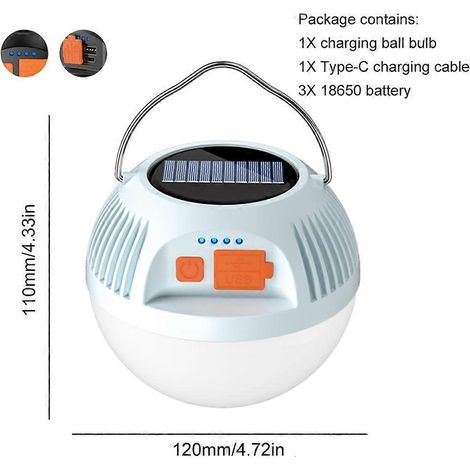 Lampe solaire de camping rechargeable USB, lampe de tente portable avec 3 modes d'éclairage d'urgence pour la randonnée et les barbecues.