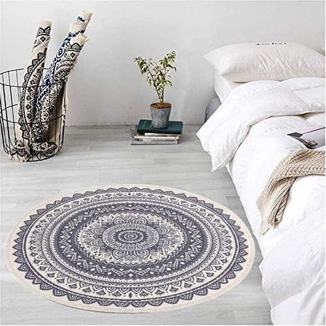 Tappeto rotondo in cotone tessuto a mano, lavabile in lavatrice, con nappa, per cucina, soggiorno, camera da letto, diametro 120 cm
