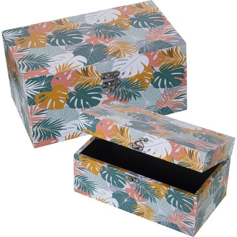 Lot de 2 Boites Décorées Dm Bois/Toile Polyester Feuilles 30X18X15+24X14X12 Cm (1/3)