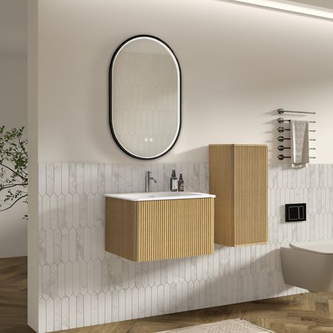 Ensemble meuble salle de bain vasque colonne latérale miroir LED, meuble bas suspendu 60 cm, miroir ovale cadre noir, coloris chêne (1/5)