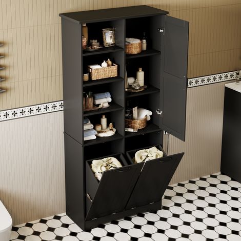 armoire de salle de bain, armoire haute 78×35×172 cm revêtement résistant à l’humidité, 2 paniers à linge, 4 niches ouvertes, porte, tablettes réglables, noir (1/5)