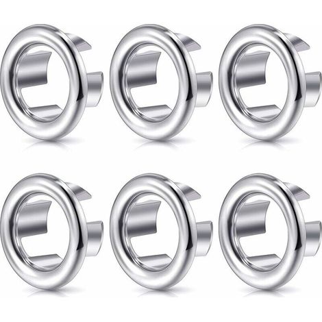 Set mit 6 Überlaufringen für Waschbecken, geeignet für Bad- und Küchenwaschbecken. Diese dekorativen Ringe dienen als runde Überlaufabdeckungen und passen in die entsprechenden Öffnungen. (1/4)