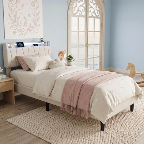 Lit Simple 90x200 cm tissu lin Beige, avec tête de lit LED RGB et ports USB Type-C - lit rembourré scandinave, lit adolescent (1/5)