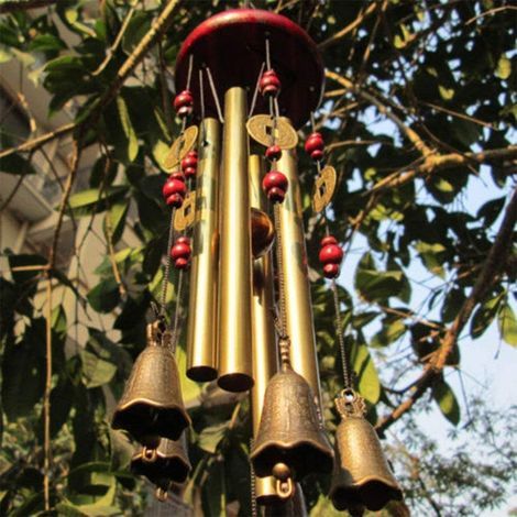 Chianrliu Carillon du vent, vous souhaite la prospérité: chinois traditionnel incroyable 4 tubes 5 cloches et base en bois Bronze Windchime pour patio extérieur, jardin et décoration intérieure (1/4)