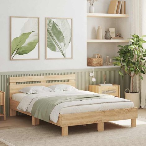 Cama con cabecero madera de ingeniería roble Sonoma 135x190 cm (1/5)