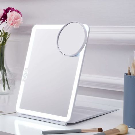 LED Foldable Travel Makeup Mirror - 7" x 9" 3 Light Modes USB Rechargeable Touch Screen, Portable Tabletop Cosmetic Mirror (White) (1/4)