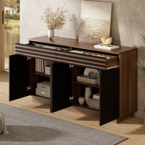 Buffet 4 portes 2 tiroirs avec étagères réglables, meuble de rangement, 150 x 40 x 85 cm, MDF, brun et noir