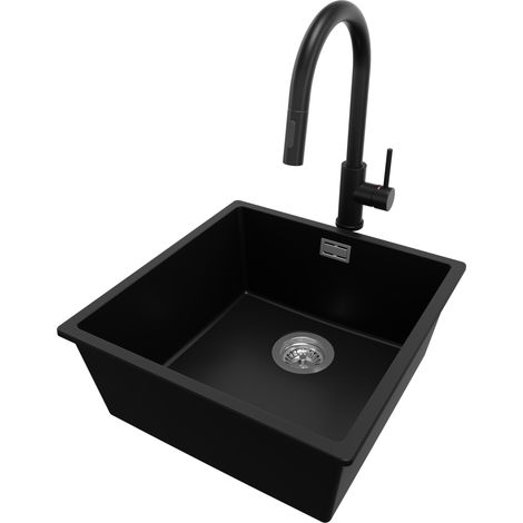 PRIMAGRAN Evier Sous Plan 46x47cm, Evier en Granit 1 bac + Robinet 40x20cm + Kit de Vidage, Évier au meuble 50cm - London, Noir (1/5)