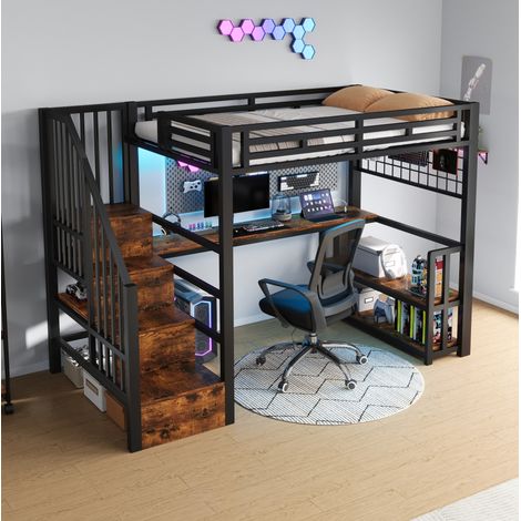 Bett Hochbett Stauraum 90x200 Metall Schreibtisch OKMYHOME (1/5)
