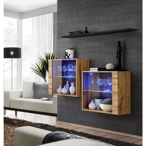 Commode - Switch SB III - 2 vitrines LED - 1 étagère - Bois et noir - Modèle 1 - Livraison gratuite