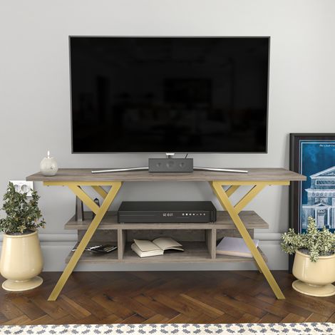 Minerva Meuble TV 120 cm Étagères Ouvertes et Cadre en métal (Doré et Wenge) (1/5)