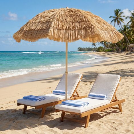 Strandsonnenschirm Ø 1,85 m, großer neigbarer Sonnenschirm, hawaiianischer Stil, höhenverstellbare Stange, Tragetasche, khaki