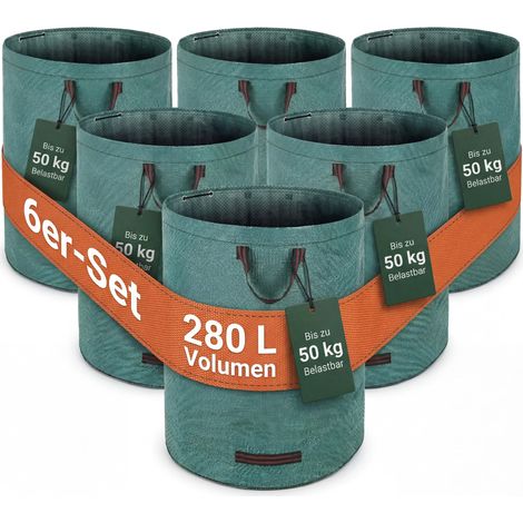 Lot de 6 sacs de jardin 280 L, charge 50 kg, 3 poignées, vert (1/5)