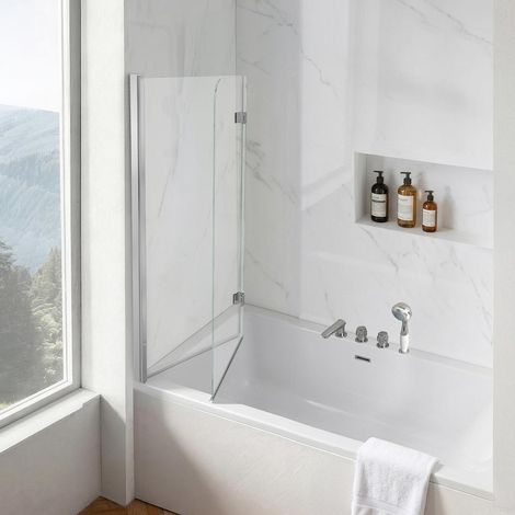 Pare Baignoire Pliant 1200x1400 mm Paroi de Douche à 2 Volets Argent, Verre Trempé 6 mm, Traitement Nano Facile à Nettoyer, Pliage à 180°, Joint d'Étanchéité Réglable, Salle de Bains Domestique (1/5)
