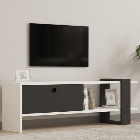 Meuble TV Taurasi, 1 porte, ouverture abattante, 2 compartiments, 120x25x37h cm Noir Anthracite (1/5)