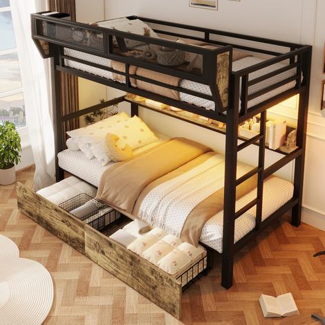 Litera 90x200 cm con estructura de hierro, estante, cama alta infantilcesta de almacenaje, 2 cajones metálicos y luz LED – sin colchón