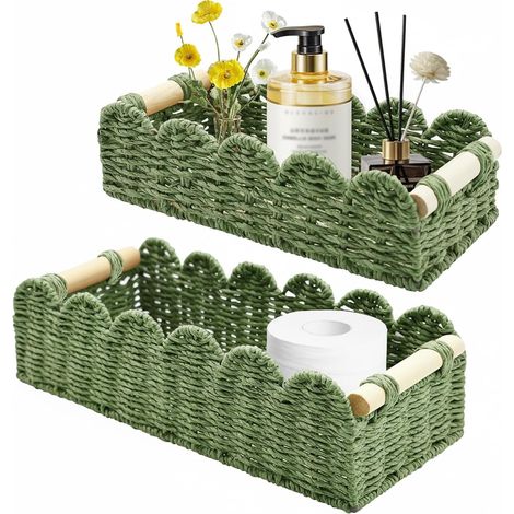2 Pièces Panier Rangement Osier, Corbeille Rangement Papier Toilette Tressé avec Poignées en Bois, Boite Rotin pour Cuisine, Salle de Bain, Décor Maison