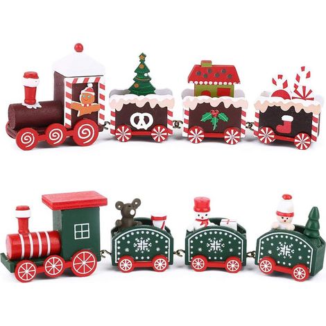 2pcs Petits Train de Noël en Bois Ornement Pendentif Train Caravane Forme Bonhomme de Neige Père Noël Bonhomme en Pain d'Épice Cadeau Décoration pour Artisanat Table Maison Jardin Fête Nouvel An Vert (1/4)