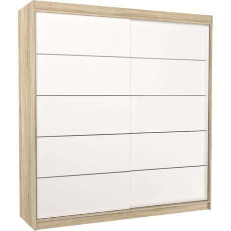 Les Tendances – Armoire adulte 200 cm avec 2 portes coulissantes – Structure en panneau laminé – Design contemporain naturel/blanc – Hauteur 215 cm (1/5)
