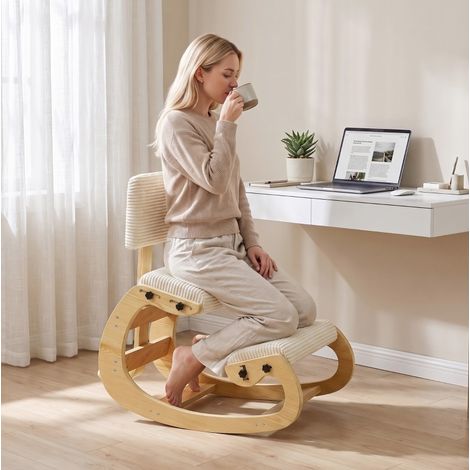 Sedia ergonomica inginocchiata con schienale, tessuto effetto velluto a coste, crema HAVRYA (1/4)