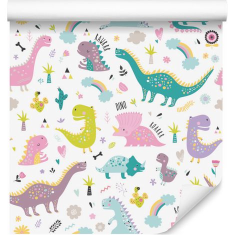 Papel pintado de dinosaurios, flores, cactus y arcoíris para salón y dormitorio, 50x1000 cm. (1/5)