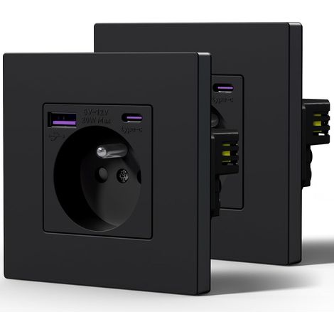 Prise Electrique avec USB et Type C, 20W Charge rapide, Prise Murale avec Panneau En Plastique, Alternatif Norme Française 16 Amp 240V 86mm Noir, 2 Paquests (1/5)