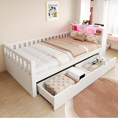 Letto multifunzione 90 × 200 cm in legno bianco con cassetti, mensole, LED e porte di ricarica (1/5)