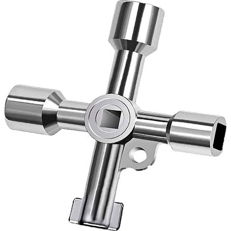 Clé argentée à 4 voies, clé de radiateur 4 en 1, clé d'échappement de radiateur multifonction en alliage de zinc, compteur de clés pour l'ouverture des armoires électriques (1/5)