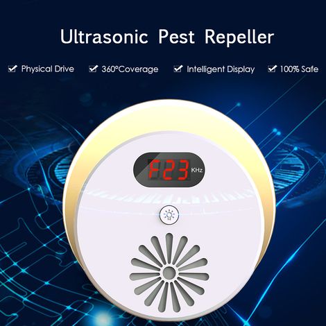 Repelente ultrasónico contra mosquitos, ratones, arañas y cucarachas con luz nocturna LED y pantalla LCD (110-240 V CA) - Blanco (1/3)