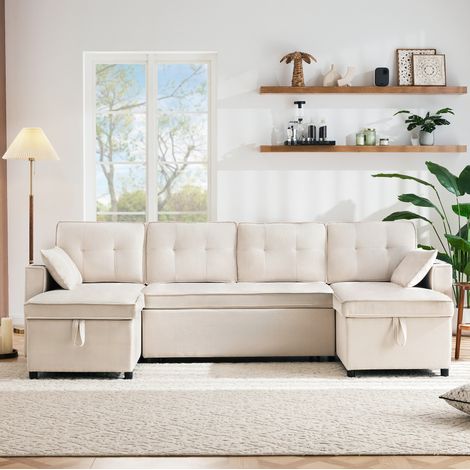 Sofá cama U con almacenaje y posavasos beige OKMYHOME (1/5)