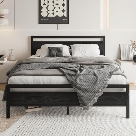 Double Bed Frame 140 x 200 cm Metal Bed Frame 140 x 200 cm with Metal and Wood Slatted Frame for Guest Room Bedroom Guest Room Black (1/5)
