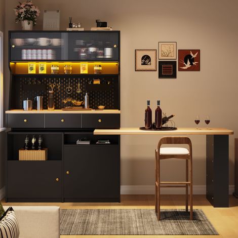 Buffet de cuisine haut LED 137x74x177,7cm,bureau intégré,espace bar Armoire haute,portes vitrées,étagères réglables,MDF,noir (1/5)