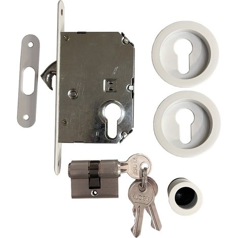 Cerradura para puertas correderas "KLOSE besser" con Cilindro- Blanco, con Accesorios .
