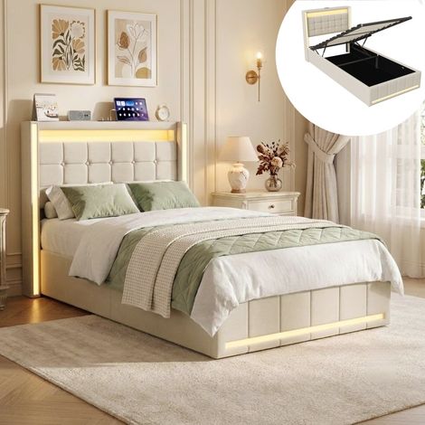 Lit Coffre 90x200 cm en Tissu Lin avec LED RGB Connectée, Tête de Lit Capitonnée avec Prises USB et Type-C, Sommier à Lattes Hydraulique - Beige (1/5)