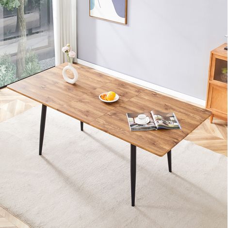 Table a manger rectangulaire 150x80/190,5x80 cm, style industriel, MDF decor bois et pieds en metal noir (1/5)