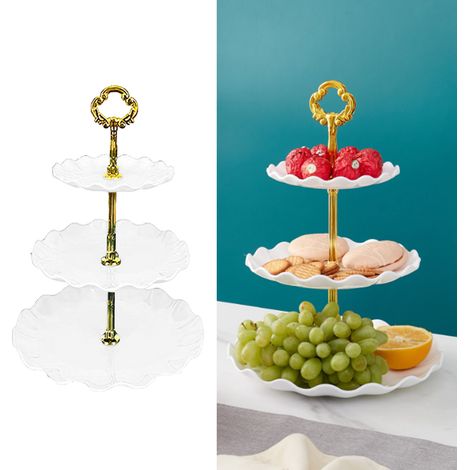 Plateau à fruits à 3 étages style nordique, présentoir à gâteaux et desserts en plastique blanc, idéal pour les fêtes. (1/5)