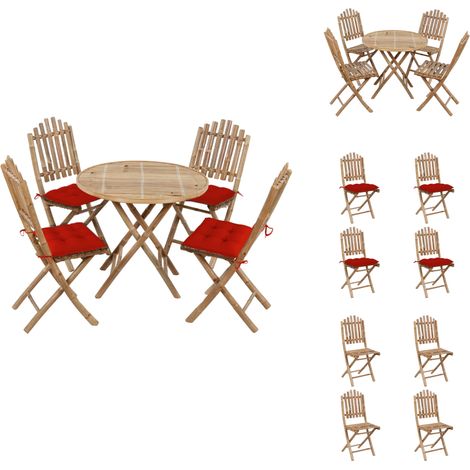 5-tlg. Garten-Essgruppe mit Kissen Klappbar Bambus - Bambus Möbel - Gartentisch - Gartenstühle - Essgruppe - Outdoor Möbel