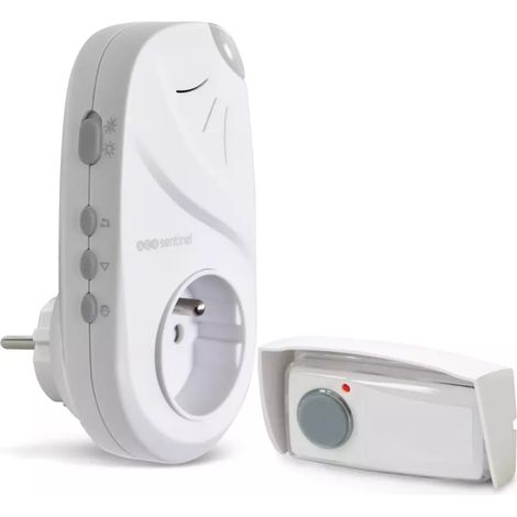 Scs Sentinel – Carillon sans fil enfichable 230V – Portée 100m – 36 mélodies – Bouton poussoir lumineux – Prise intégrée pour appareil électrique