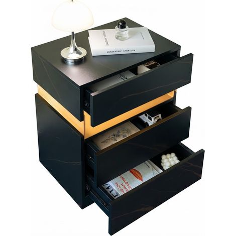 ELVMI Comodino con 3 Cassetti e LED RGB, Camera da Letto, 60×46×22 cm, in Legno Ingenerizzato, Nero e Oro (1/5)