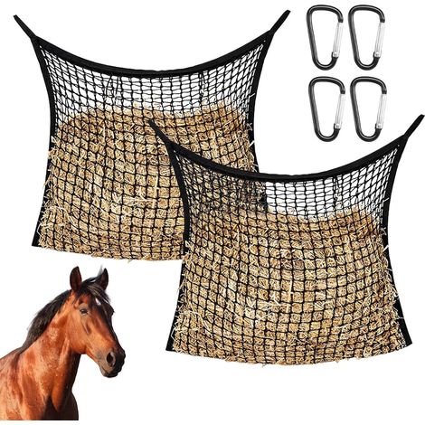 Lot de 2 filets à foin pour chevaux - 80 x 90 cm - Maille fine - Pour foin de 40 lb - Maille étroite - Contrôle de la vitesse d'alimentation (1/5)
