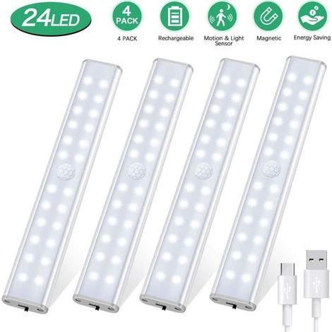 Lampe de Placard 24 LED - 4 Modes d’Éclairage - Détecteur de Mouvement - Rechargeable par USB - 4 pièces (1/4)