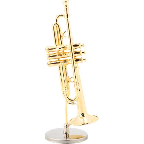 Trompette miniature dorée à l'or avec support et étui, réplique d'instrument de musique ornemental, modèle de décoration, collection, finition brillante (1/5)